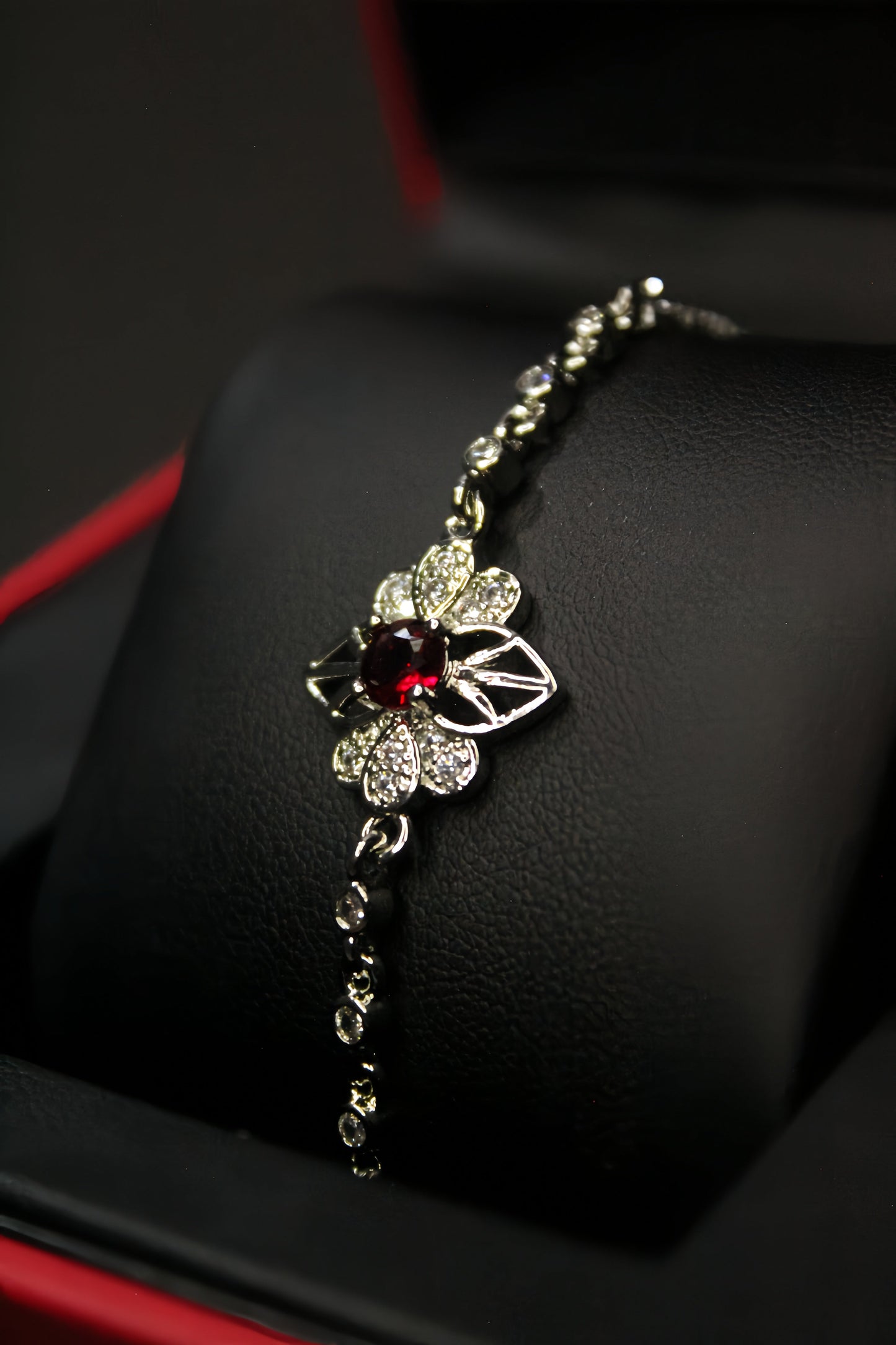 Floral Silver Bracelet With Red Zircon