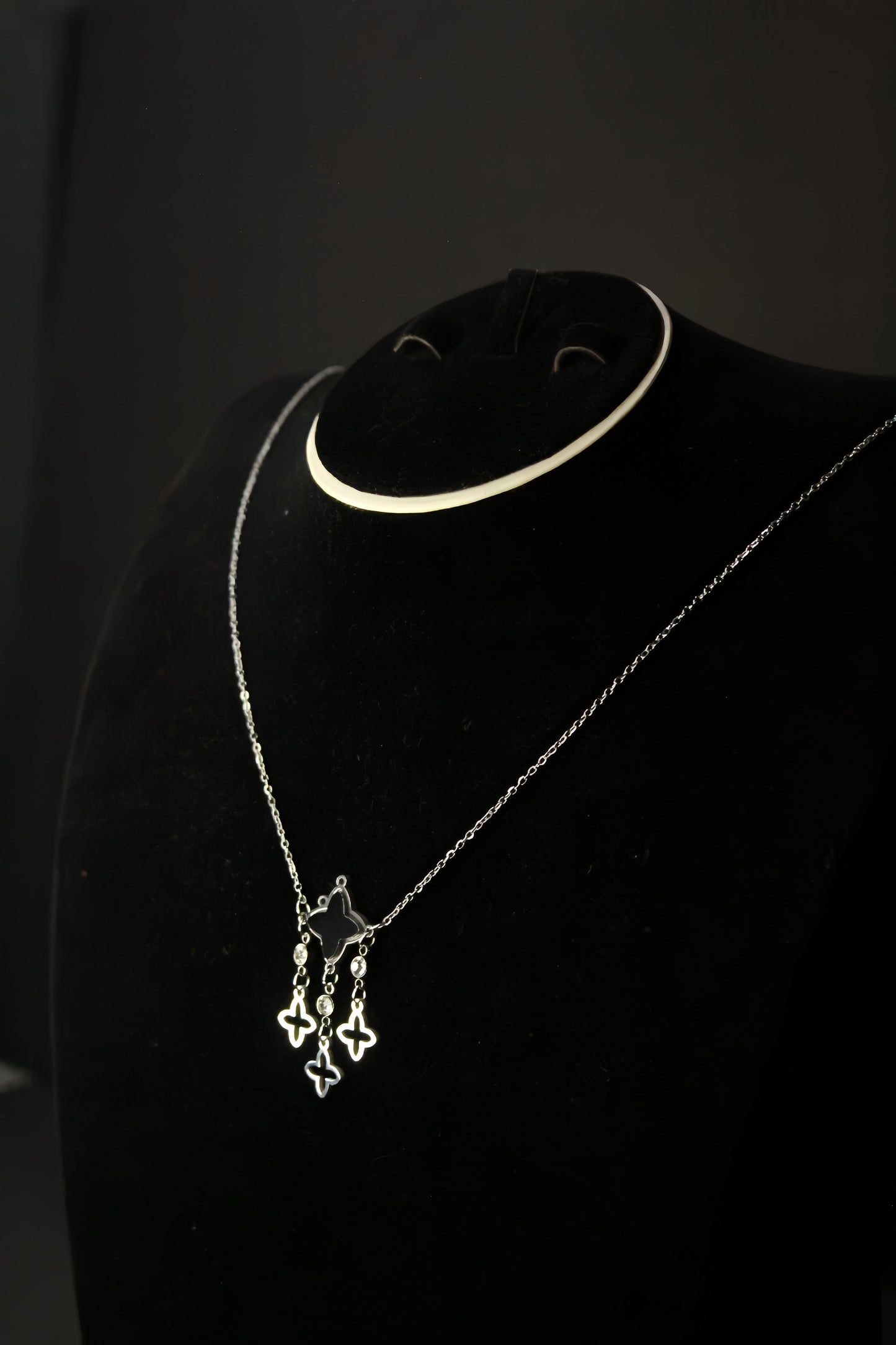 Silver-Black Clover Pendent Necklace