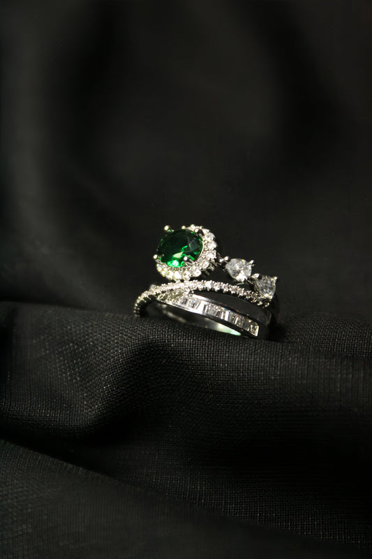 1-Carat Green Halo Gemstone Ring with Criss-Cross Diamond Band