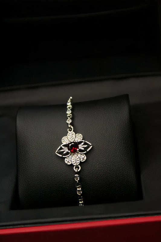 Floral Silver Bracelet With Red Zircon