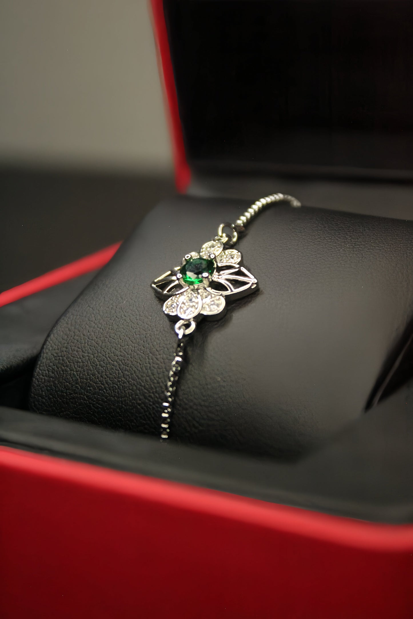 Floral Silver Bracelet With Green Zircon