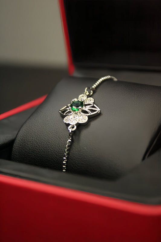 Floral Silver Bracelet With Green Zircon