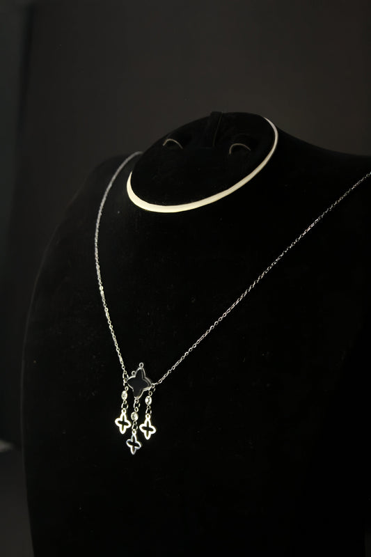 Silver-Black Clover Pendent Necklace