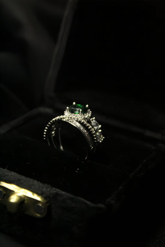 1-Carat Green Halo Gemstone Ring with Criss-Cross Diamond Band