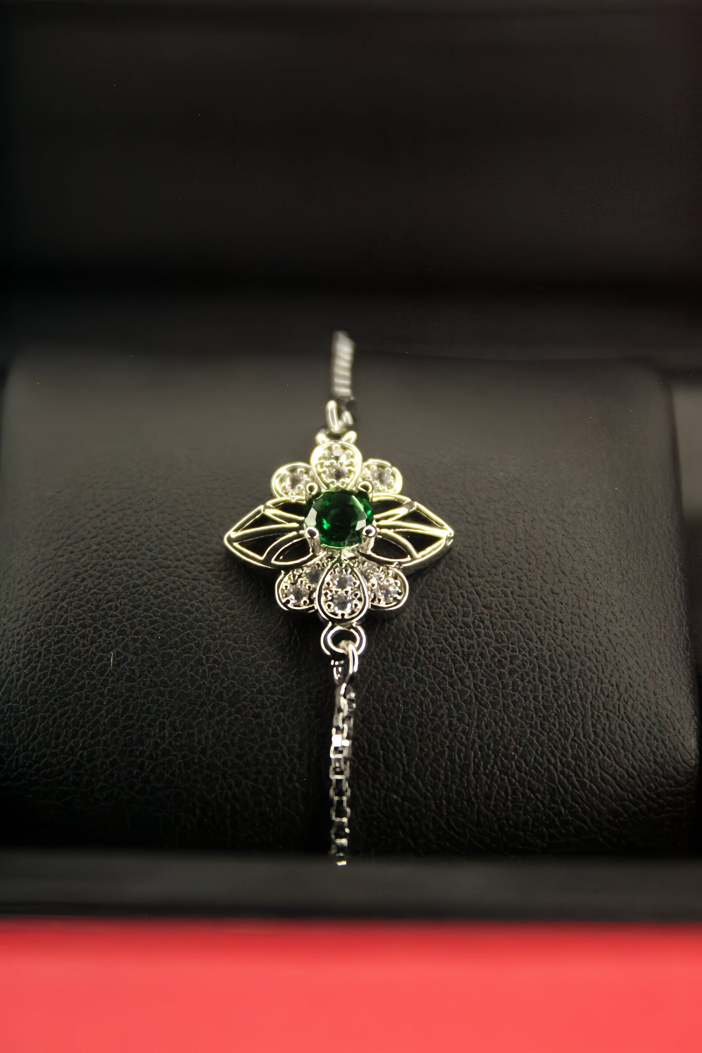 Floral Silver Bracelet With Green Zircon