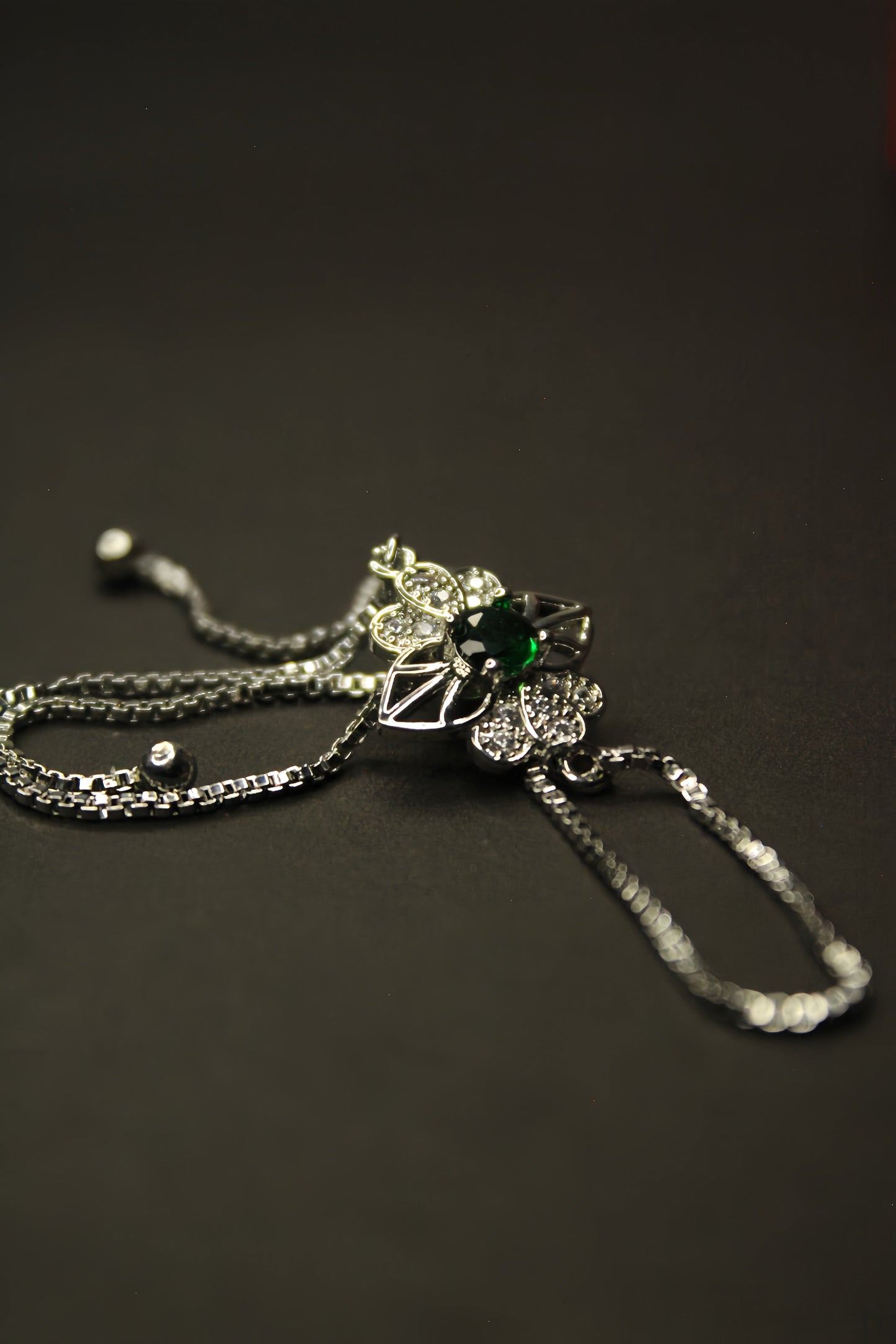 Floral Silver Bracelet With Green Zircon