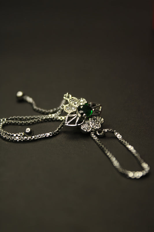 Floral Silver Bracelet With Green Zircon