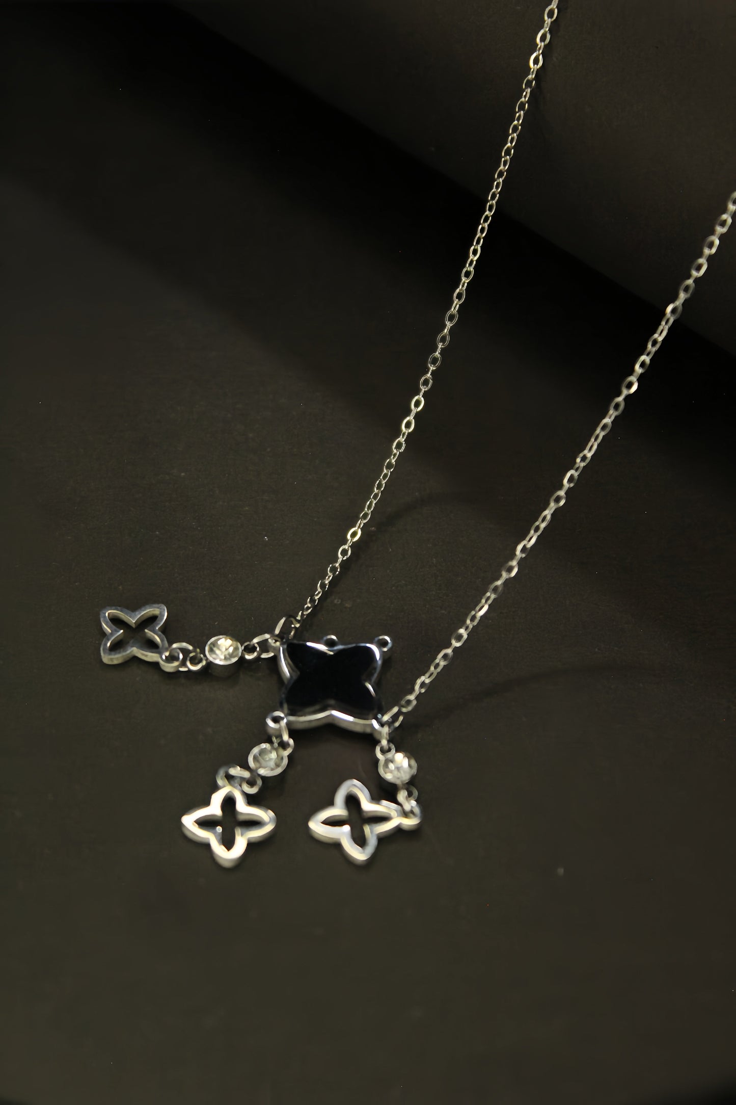 Silver-Black Clover Pendent Necklace